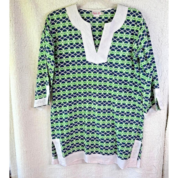 Top It Off 100% cotton Green & Navy Tunic Top Size S/M 3/4 Sleeve Boho - Picture 1 of 11